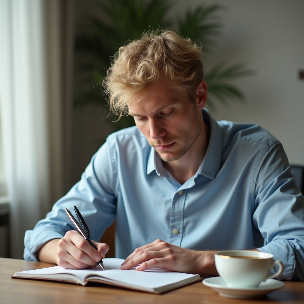 Person plant ruhig am Schreibtisch mit Notizbuch und Tasse Tee