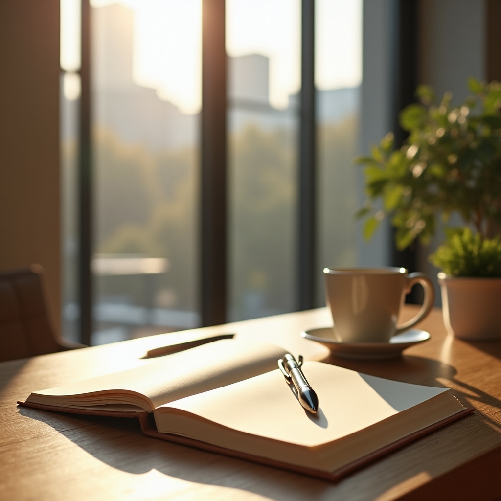Ruhiger Schreibtisch mit Notizbuch und Kaffee für bewusstes Finanzmanagement
