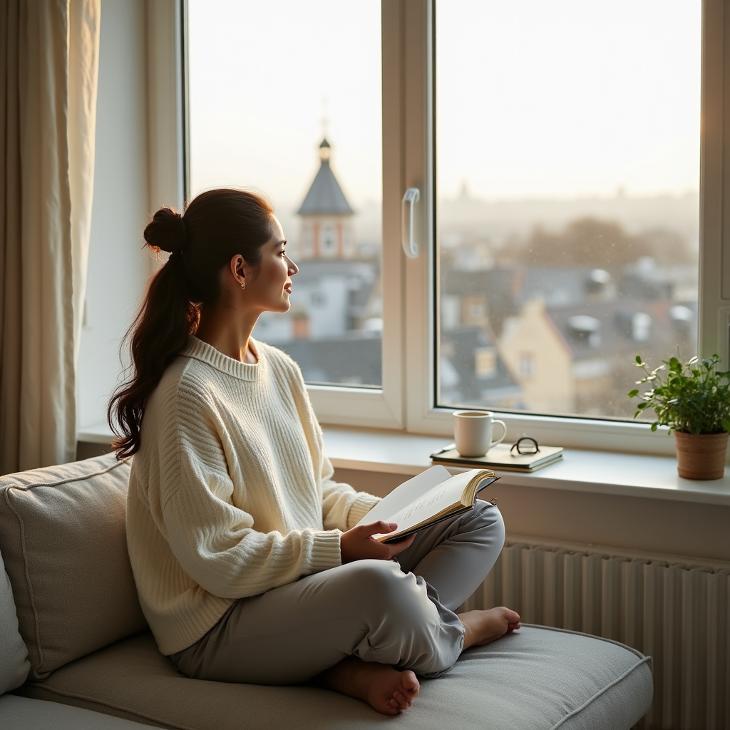 Person sitzt ruhig am Fenster und reflektiert über Finanzen