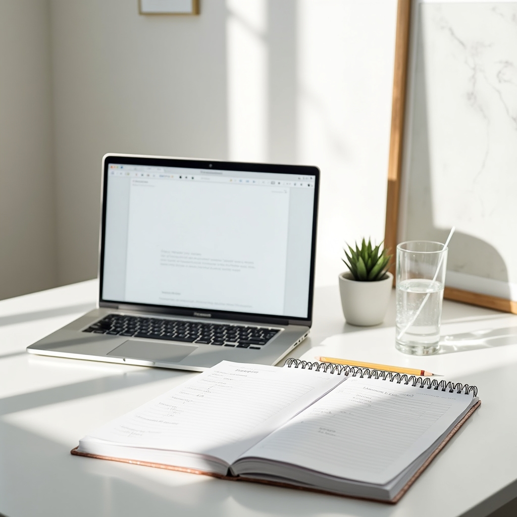 Helle moderne Lernumgebung mit Laptop und Notizbuch für Online-Kurs